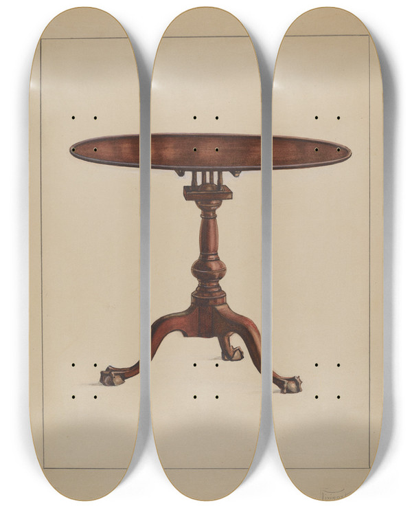 Triptych art skateboard deck of Rolland Livingstone Tilttop Table by Rolland Livingstone