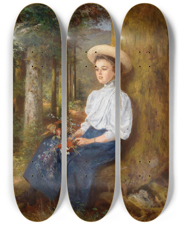 Triptych art skateboard deck of Anton Heinrich Dieffenbach Rast Im Wald by Anton Heinrich Dieffenbach (1831-1914)