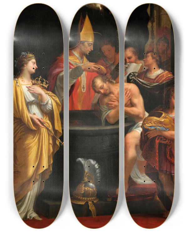 Triptych art skateboard deck of Jean Hlart Le Baptme De Clovis by Jean Helart (1618-1685)