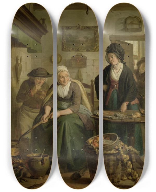 Triptych art skateboard deck of Adriaan De Lelie Woman Baking Pancakes by Adriaan de Lelie (1755-1820)