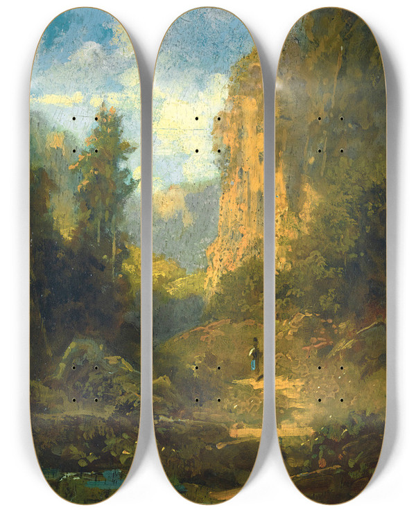 Triptych art skateboard deck of Carl Spitzweg Gebirgslandschaft Mountain Landscape by Carl Spitzweg (1808-1880)