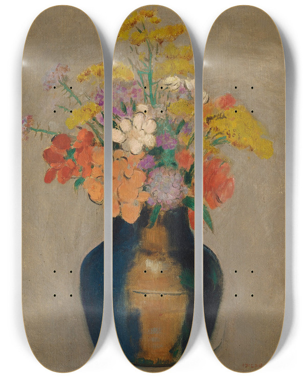 Triptych art skateboard deck of Odilon Redon Bouquet De Fleurs Dans Un Vase by Odilon Redon (1840-1916)