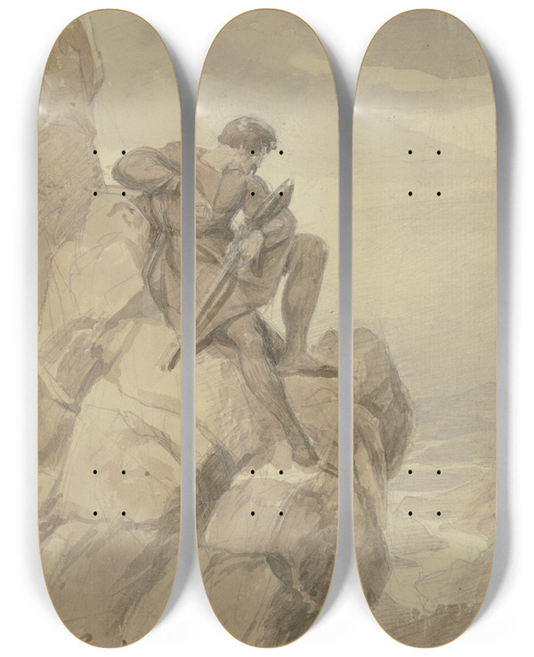 Triptych art skateboard deck of Karl Friedrich Lessing Jger Ruber In Den Bergen by Karl Friedrich Lessing (1808-1880)