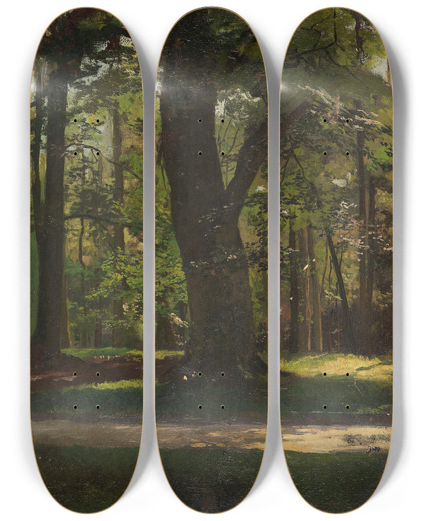 Triptych art skateboard deck of Jacob Nbbe Waldlichtung Im Tiergarten Berlin by Jacob Nobbe (1850-1919)