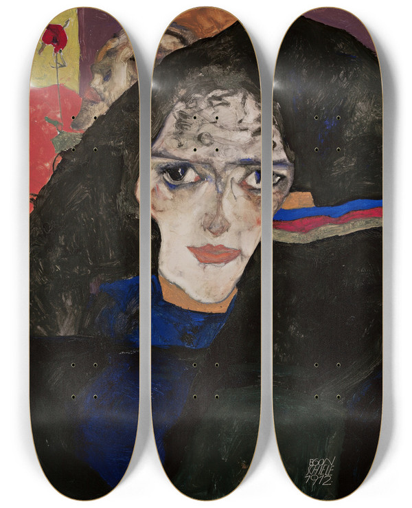 Triptych art skateboard deck of Egon Schiele Mourning Woman by Egon Schiele (1890-1918)