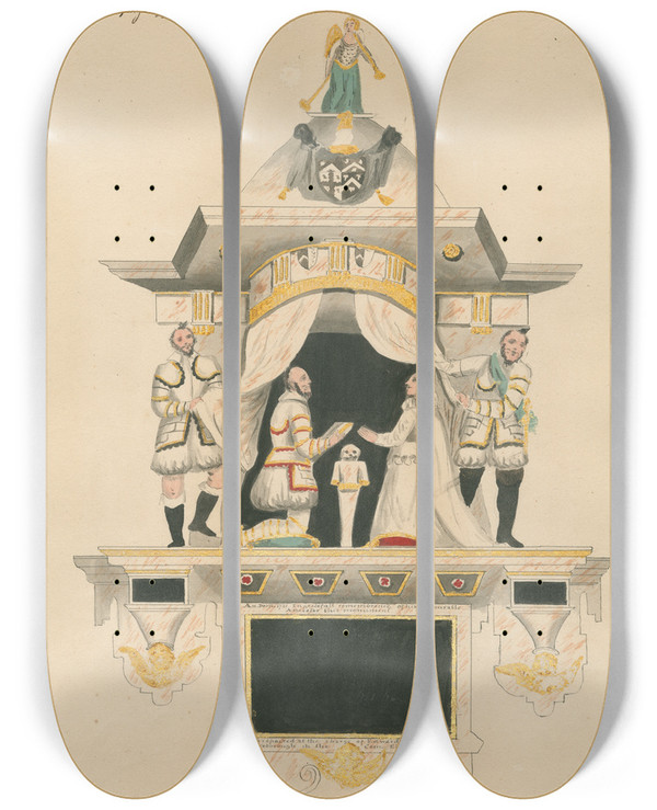 Triptych art skateboard deck of Daniel Lysons Memorial To Sir Thomas Chaloner by Daniel Lysons (1762-1834)