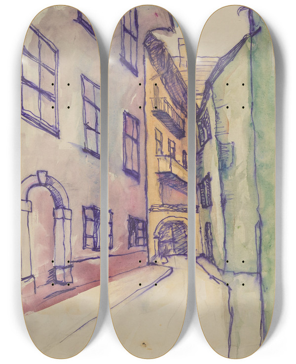 Triptych art skateboard deck of Anny Dollschein Huser_1 by Anny Dollschein (1893-1946)