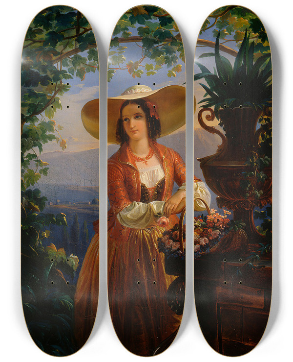 Triptych art skateboard deck of Robert Wilhelm Ekman Italian Flowergirl by Robert Wilhelm Ekman (1808-1873)