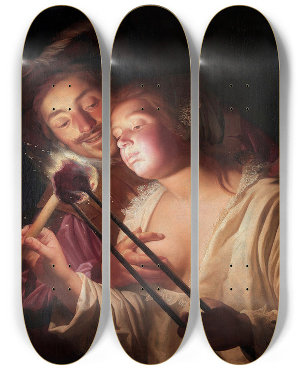 Triptych art skateboard deck of Gerard Van Honthorst The Soldier And The Girl by Gerard Van Honthorst (1592-1656)
