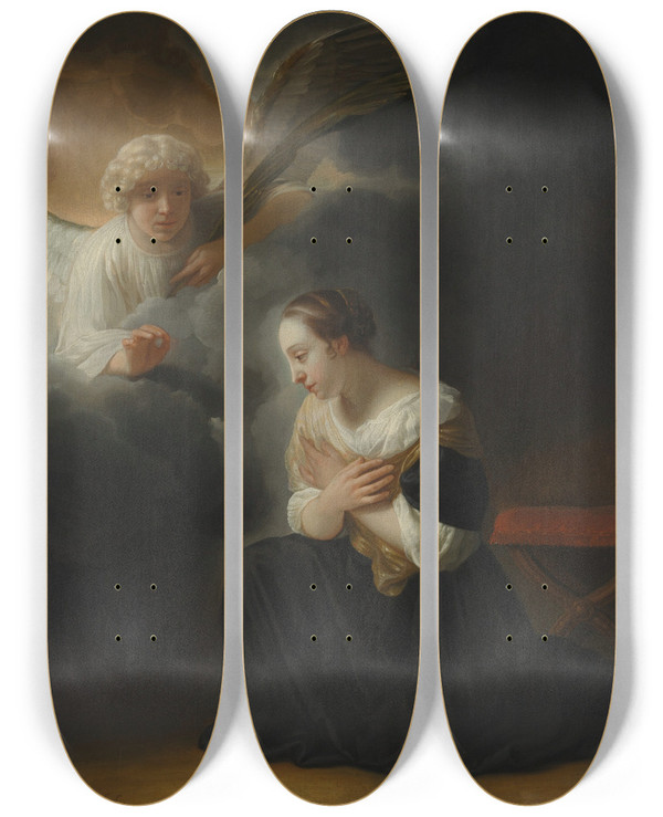 Triptych art skateboard deck of Samuel Van Hoogstraten The Annunciation Of The Death Of The Virgin by Samuel Van Hoogstraten (1627-1678)