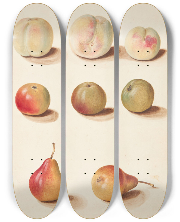 Triptych art skateboard deck of Johanna Fosie Studie Af Fersken Ble Og Pre by Johanna Fosie (1726-1764)