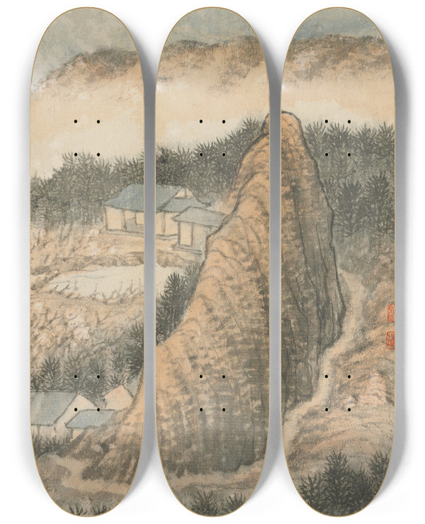 Triptych art skateboard deck of Shitao Reminiscences Of Qinhuai River Pl8 by Shitao (1642-1707)