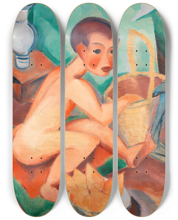 Triptych art skateboard deck of Dorothea Maetzeljohannsen Akt Mit Korb Und Birnen by Dorothea Maetzel-Johannsen (1886-1930)