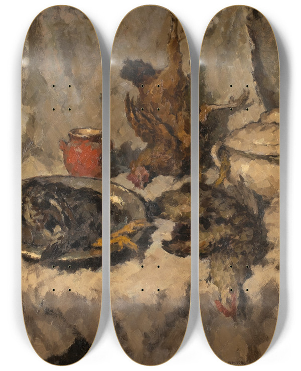 Triptych art skateboard deck of Wilhelm Blanke Kitchen Still Life With Poultry by Wilhelm Blanke (1873-1943)