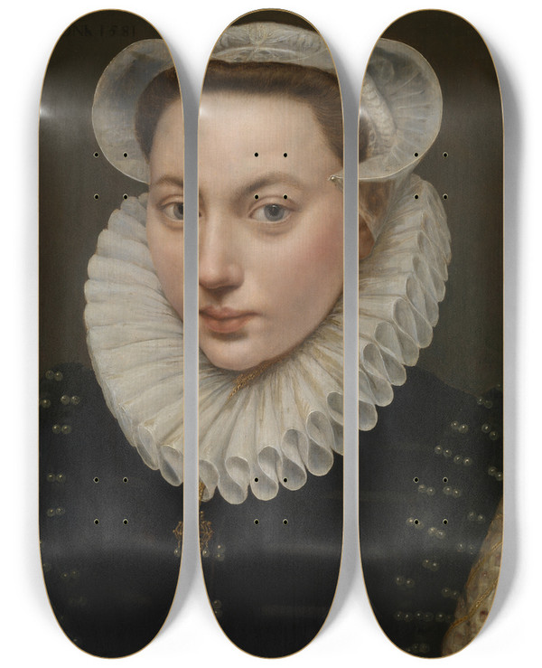 Triptych art skateboard deck of Frans Pourbus The Elder Portrait Of A Young Woman by Frans Pourbus The Elder (1523-1584)