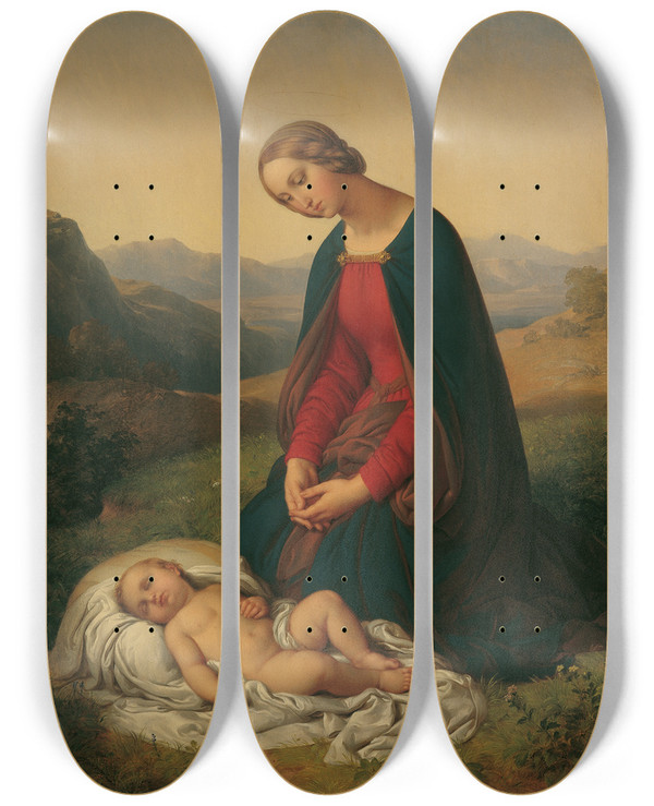 Triptych art skateboard deck of Johann Nepomuk Ender Maria Das Kind Anbetend by Johann Nepomuk Ender (1793-1854)