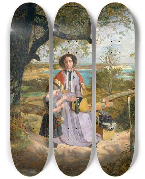 Triptych art skateboard deck of James Collinson Mother And Child By A Stile With Culver Cliff Isle Of Wight In The Distance by James Collinson (1825-1881)