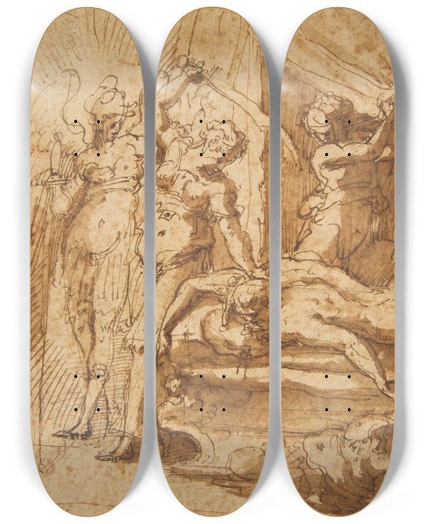 Triptych art skateboard deck of Giorgio Vasari Judith Decapitating Holofernes by Giorgio Vasari (1511-1574)