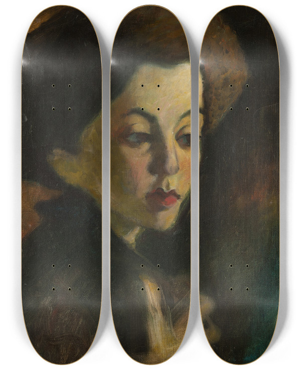 Triptych art skateboard deck of Olof Sagernelson A Girls Head Ii by Olof Sager-Nelson (1868-1896)
