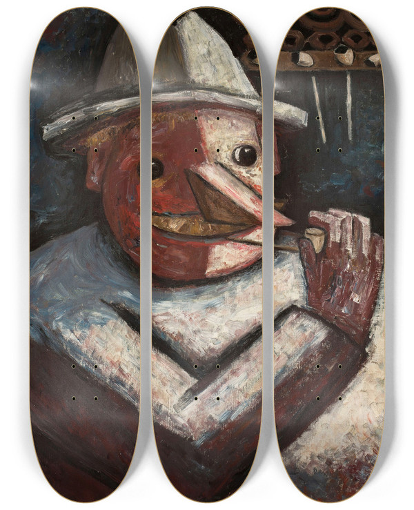 Triptych art skateboard deck of Tadeusz Makowski Portrait Of A Man With Pipes by Tadeusz Makowski (1882-1932)