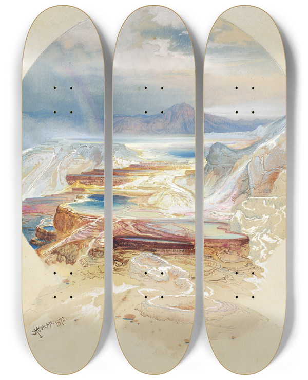 Triptych art skateboard deck of Thomas Moran Minerva Terrace Yellowstone by Thomas Moran (1837-1926)