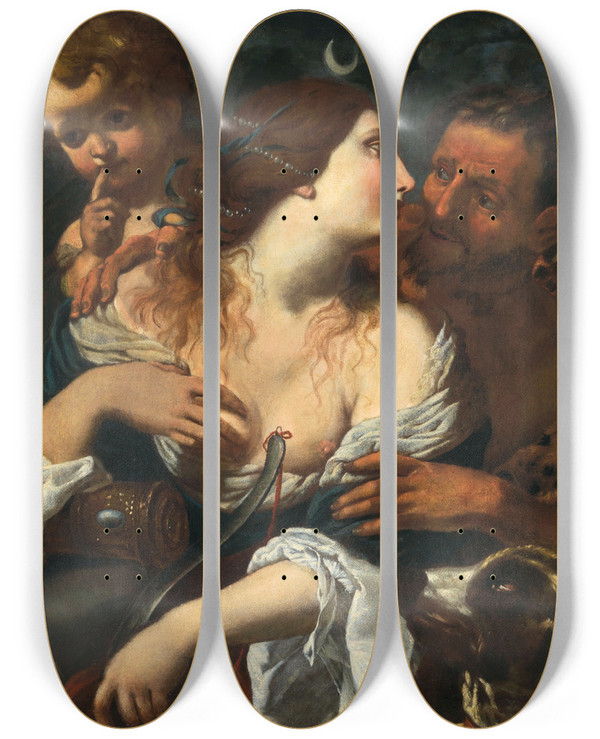 Triptych art skateboard deck of Alessandro Rosi Diana A Satyr And Cupid by Alessandro Rosi (1627-1697)