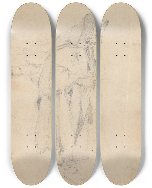 Triptych art skateboard deck of Gustv Mall Woman With A Hamper Study Of An Old Woman Carrying Twigs by Gustav Mally (1879-1952)