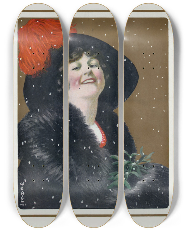 Triptych art skateboard deck of William Ely Hill Christmas Puck_1 by William Ely Hill (1887-1962)