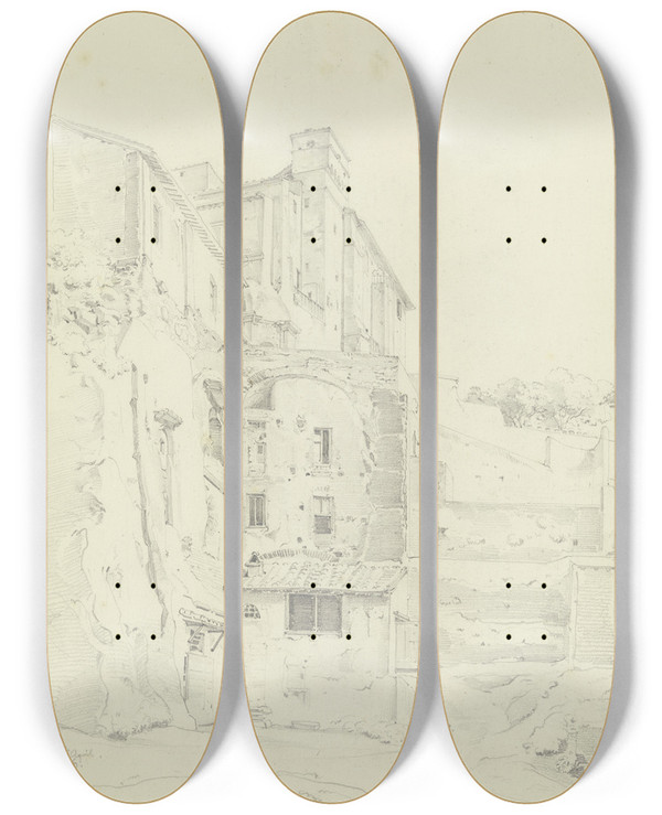 Triptych art skateboard deck of Ernst Fries Rom Husergruppe An Der Aurelianischen Mauer by Ernst Fries (1801-1833)