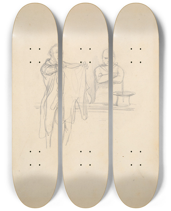 Triptych art skateboard deck of Paul Gavarni Study For Book Illustration Physiologie Dutailleur_1 by Paul Gavarni (1804-1866)