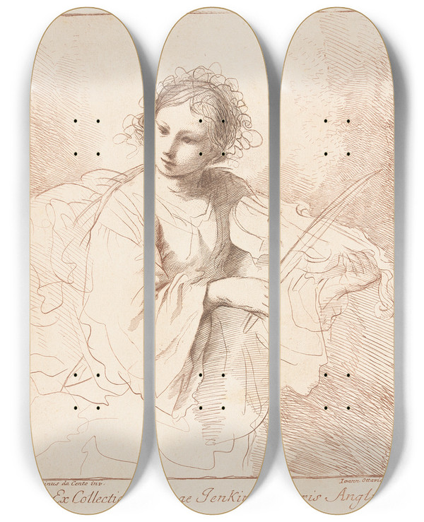 Triptych art skateboard deck of Follower Of Guercino Woman Playing A Violin by Follower Of Guercino (1591-1666)