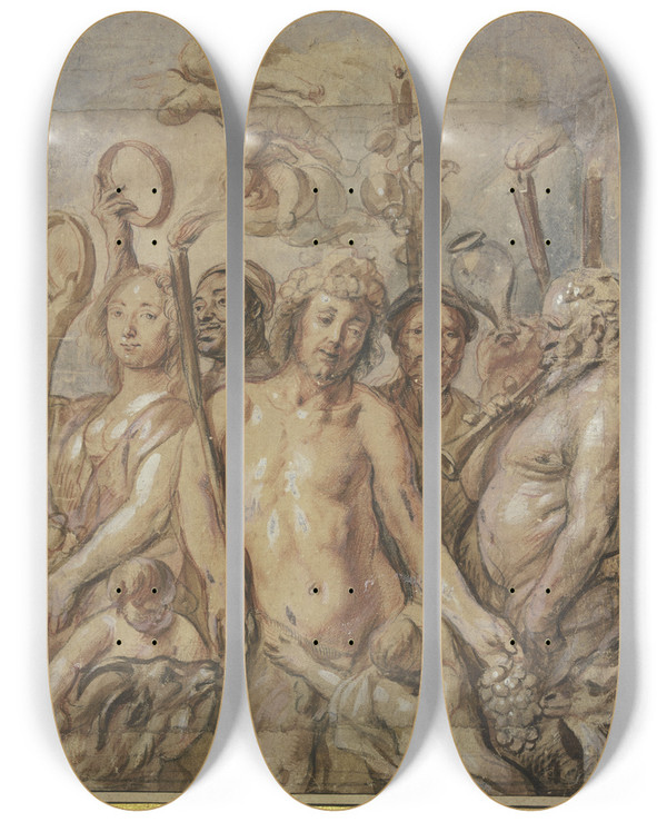 Triptych art skateboard deck of Jacob Jordaens Bacchantenzug Triumph Des Bacchus_2 by Jacob Jordaens (1593-1678)