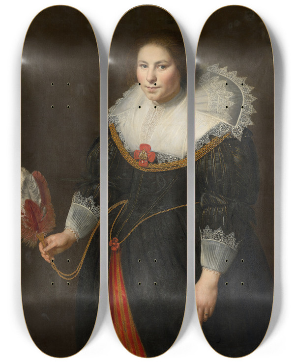 Triptych art skateboard deck of Johannes Paulus Moreelse Portrait Of A Lady_1 by Johannes Pauwelsz Moreelse (1603-1634)