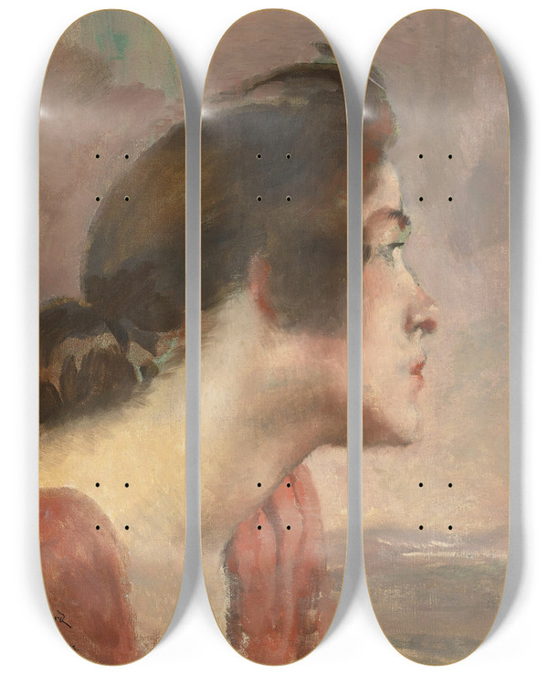 Triptych art skateboard deck of Albert Besnard Head Of A Young Girl by Albert Besnard (1849-1934)