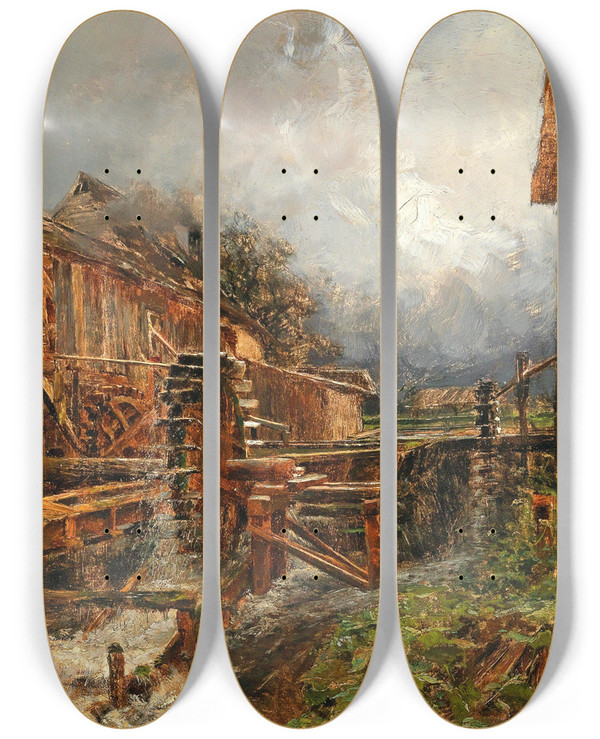 Triptych art skateboard deck of Olga Wisingerflorian Mill At Goisern by Olga Wisinger-Florian (1844-1926)