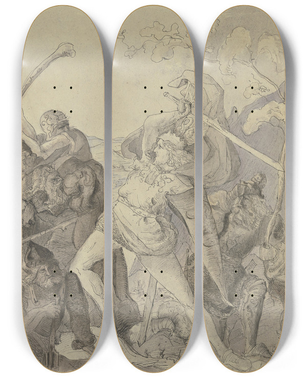 Triptych art skateboard deck of Victor Mller Hustle And Bustle by Victor Muller (1829-1871)
