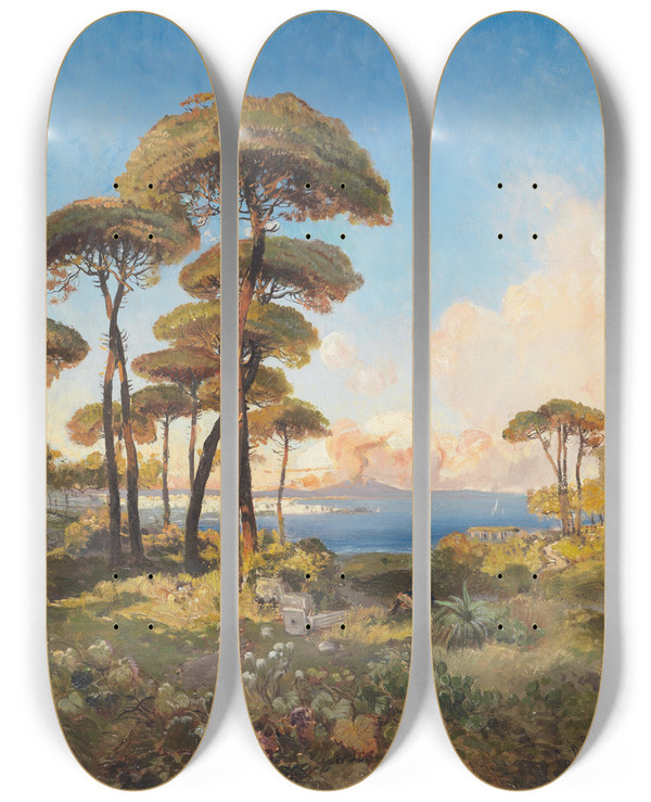 Triptych art skateboard deck of Guglielmo Giusti Die Bucht Von Neapel Von Posilippo Aus Gesehen by Guglielmo Giusti (1824-1916)