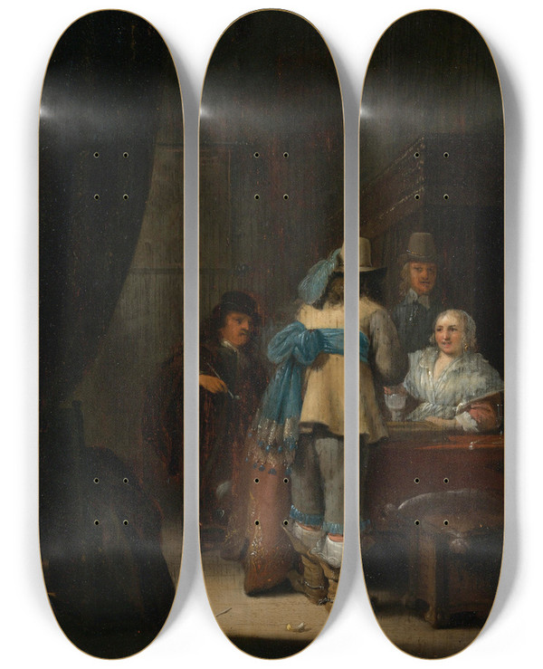 Triptych art skateboard deck of Anthonie Palamedesz Figures In An Interior by Anthonie Palamedesz (1601-1673)