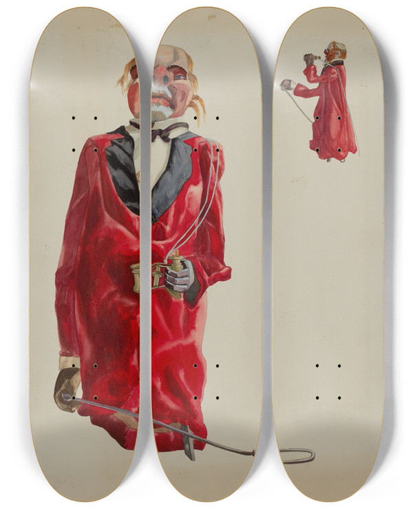 Triptych art skateboard deck of Verna Tallman Puppet With Opera Glass by Verna Tallman