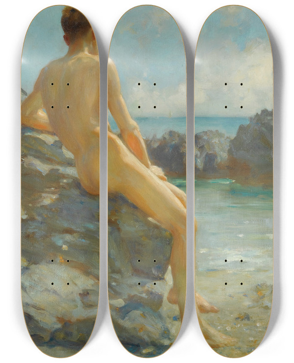 Triptych art skateboard deck of Henry Scott Tuke The Bather by Henry Scott Tuke (1858-1929)