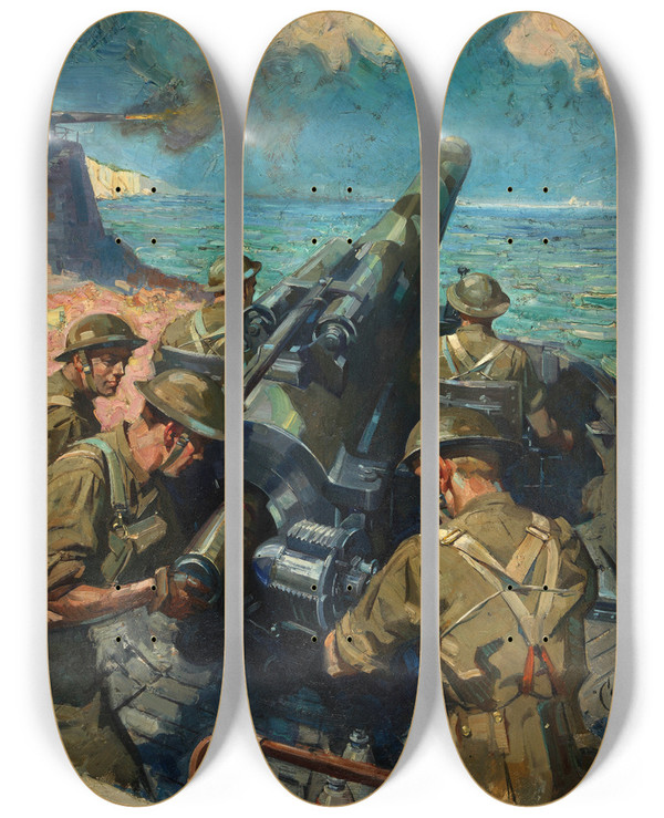 Triptych art skateboard deck of Terence Cuneo Coastal Battery Scene by Terence Cuneo (1907-1996)