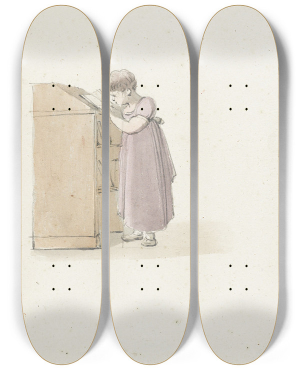 Triptych art skateboard deck of Pieter Bartholomeusz Barbiers Lezend Meisje Bij Een Kast by Pieter Bartholomeusz Barbiers (1772-1837)