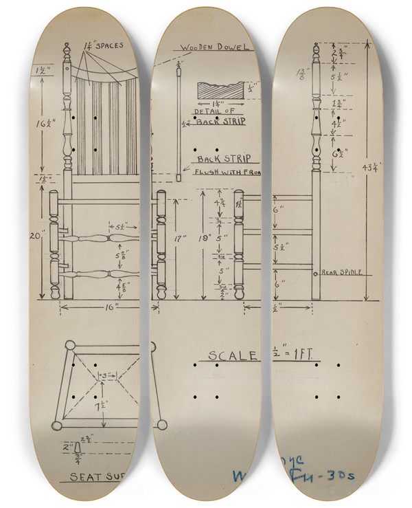 Triptych art skateboard deck of Margaret Knapp Seat by Margaret Knapp