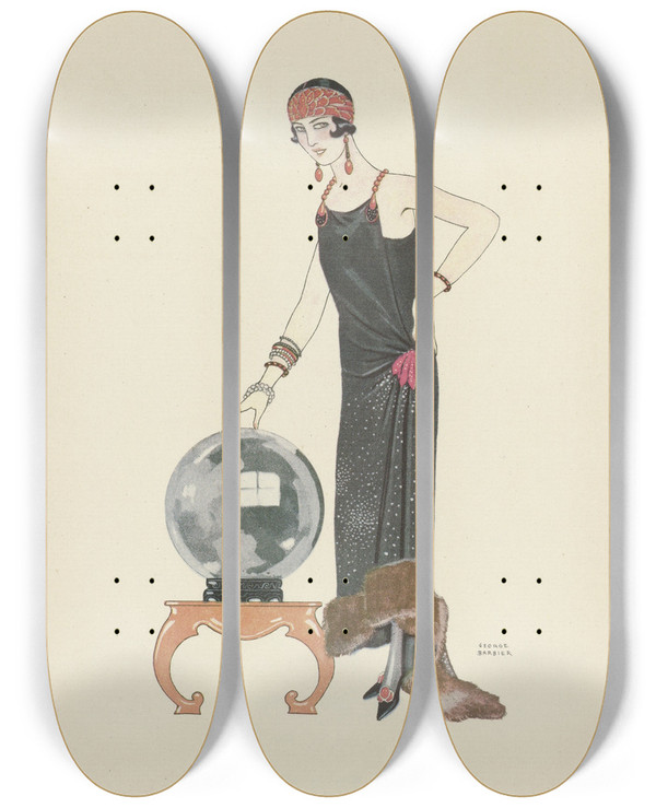 Triptych art skateboard deck of George Barbier Lempire Du Monde Robe Du Soir De Worth by George Barbier (1882-1932)