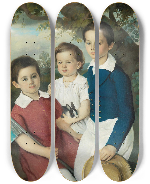 Triptych art skateboard deck of Circle Of Joseph Weidner Portrait Of Three Children With Rabbit by Circle Of Joseph Weidner (1801-1871)