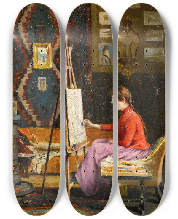 Triptych art skateboard deck of Halil Pasha Girl Painter And Her Studio by Halil Pasha (1857-1939)
