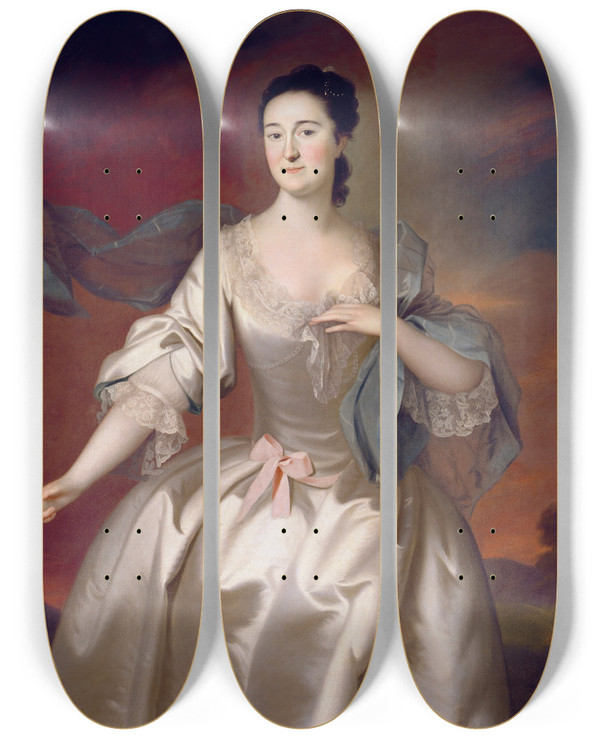 Triptych art skateboard deck of Joseph Blackburn Mrs James Pitts by Joseph Blackburn (1787)