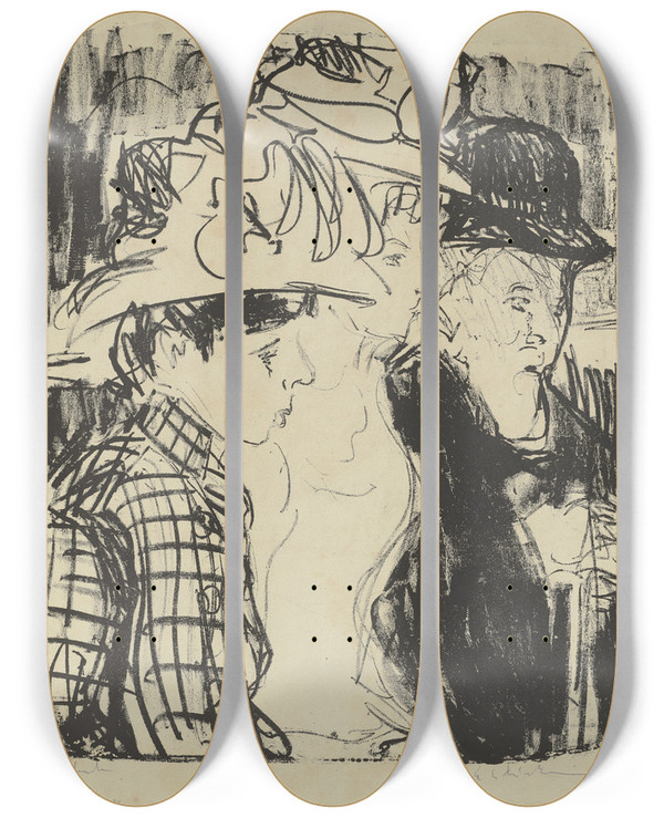 Triptych art skateboard deck of Ernst Ludwig Kirchner Spaziergnger by Ernst Ludwig Kirchner (1880-1938)