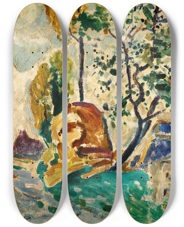 Triptych art skateboard deck of Alfred Henry Maurer Tree And Rock by Alfred Henry Maurer (1868-1932)