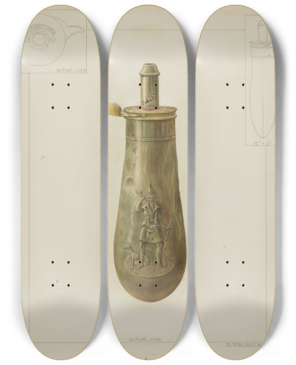 Triptych art skateboard deck of Alfred Walbeck Powder Horn by Alfred Walbeck